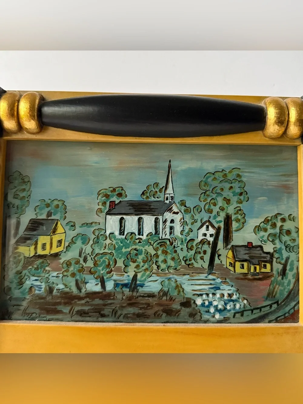 Vintage Rehoboth MA Shady Bend Church Reverse Painted Federal Mirror Eglomise